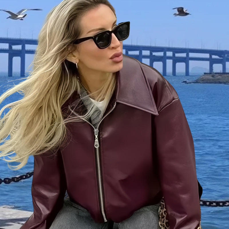 Women Faux Leather Jacket with Stand Collar and Voluminous Sleeves Ivyshape