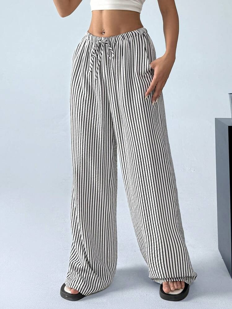 Women's Wide Cut Striped Trousers with Elastic Waistband and Tie Ivyshape