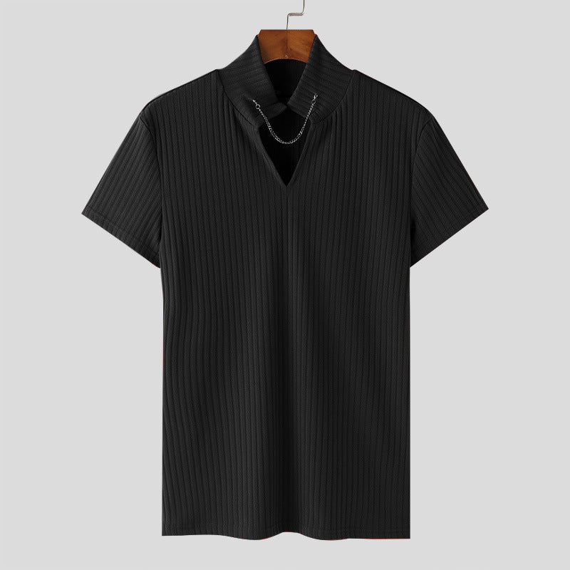 Women's Short Sleeve Shirt with V-Neck and Textured Rib Pattern Ivyshape