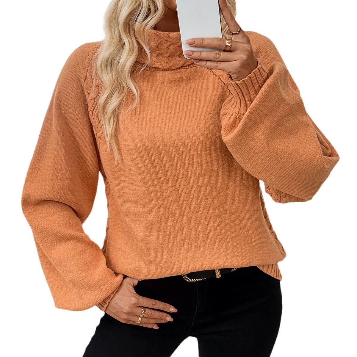 IvyShape | High Neck Cable Knit Lantern Sleeve Sweater