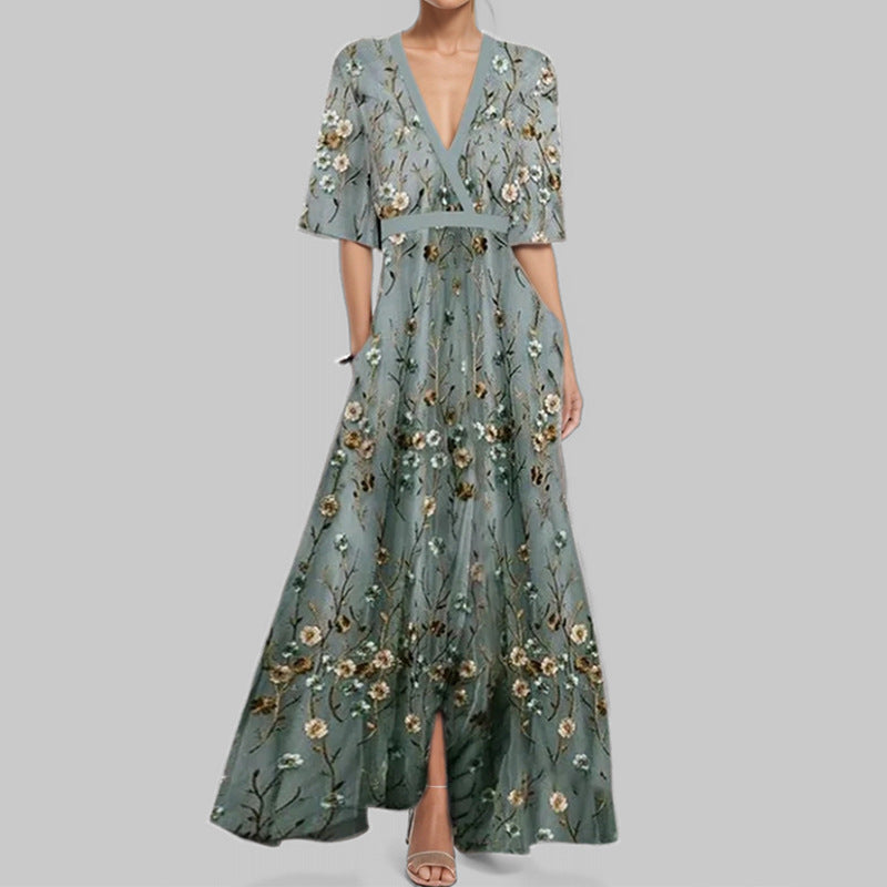 IvyShape | Elegant V-Neck Printed Tie Waist Flared Maxi Dress