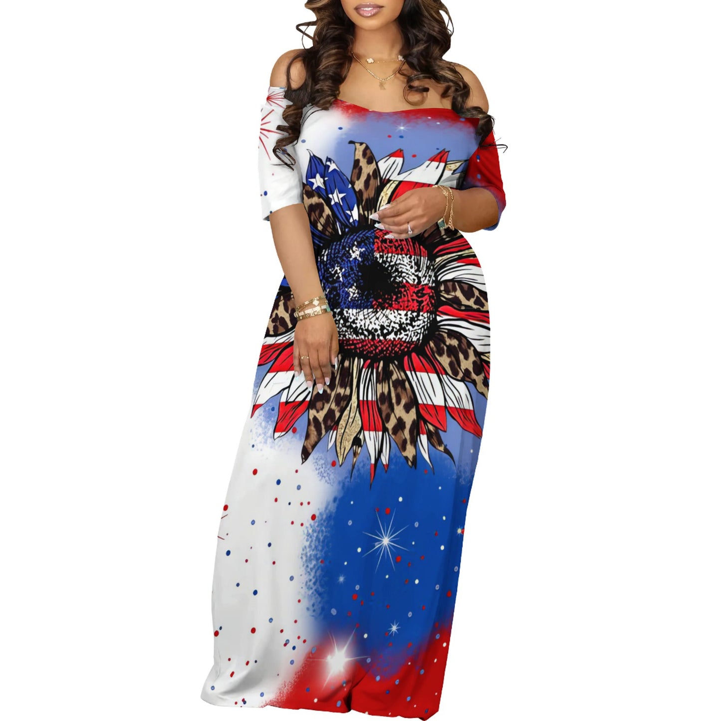 Women's Off-Shoulder Maxi Dress in Creative Graphic Design and Comfortable Fit Ivyshape