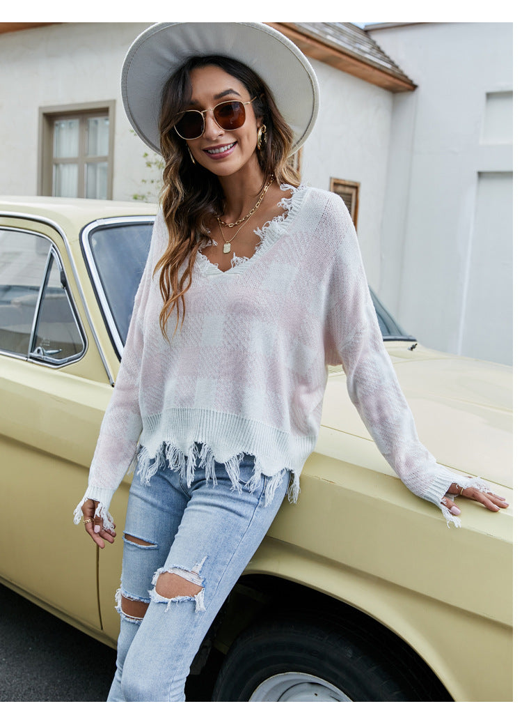 IvyShape | V-neck fringe sweater