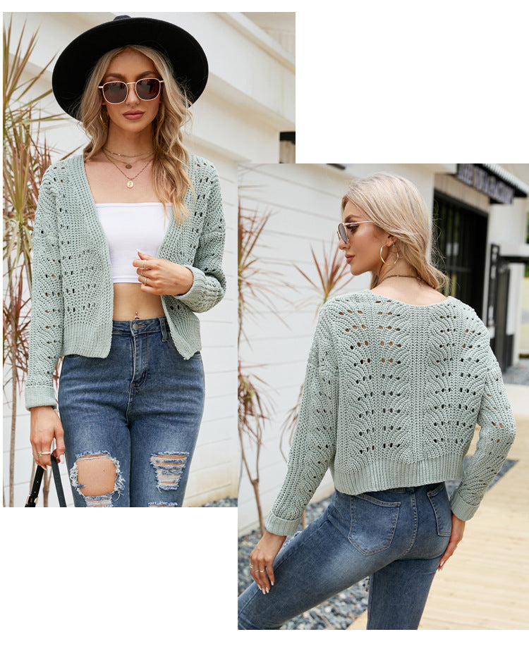 IvyShape | Solid Color Hollow Sweater Cardigan