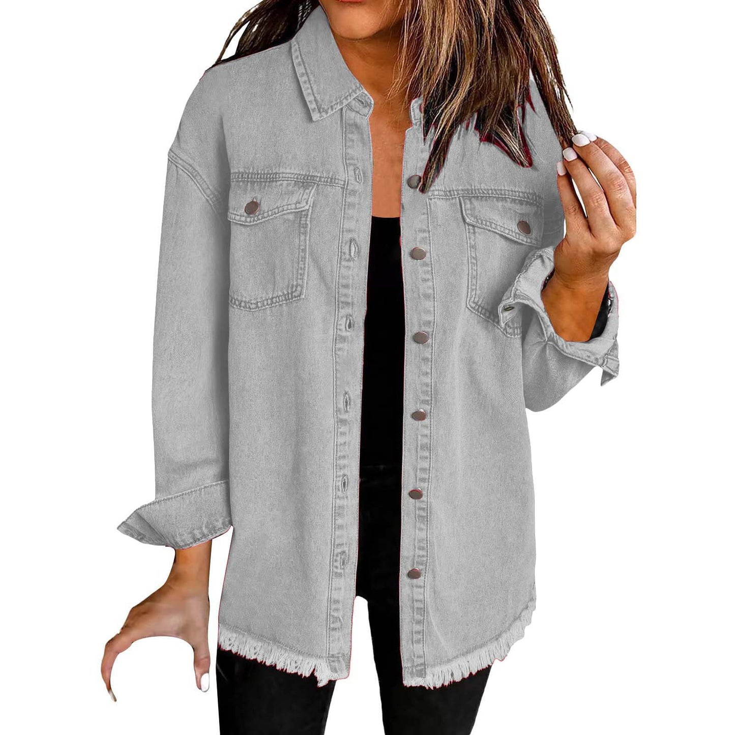 Women's Casual Denim Shirt with Frayed Hem and Practical Chest Pockets Ivyshape