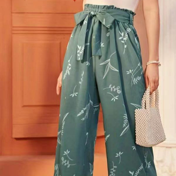 Wide women's trousers with floral print and elastic waistband Ivyshape