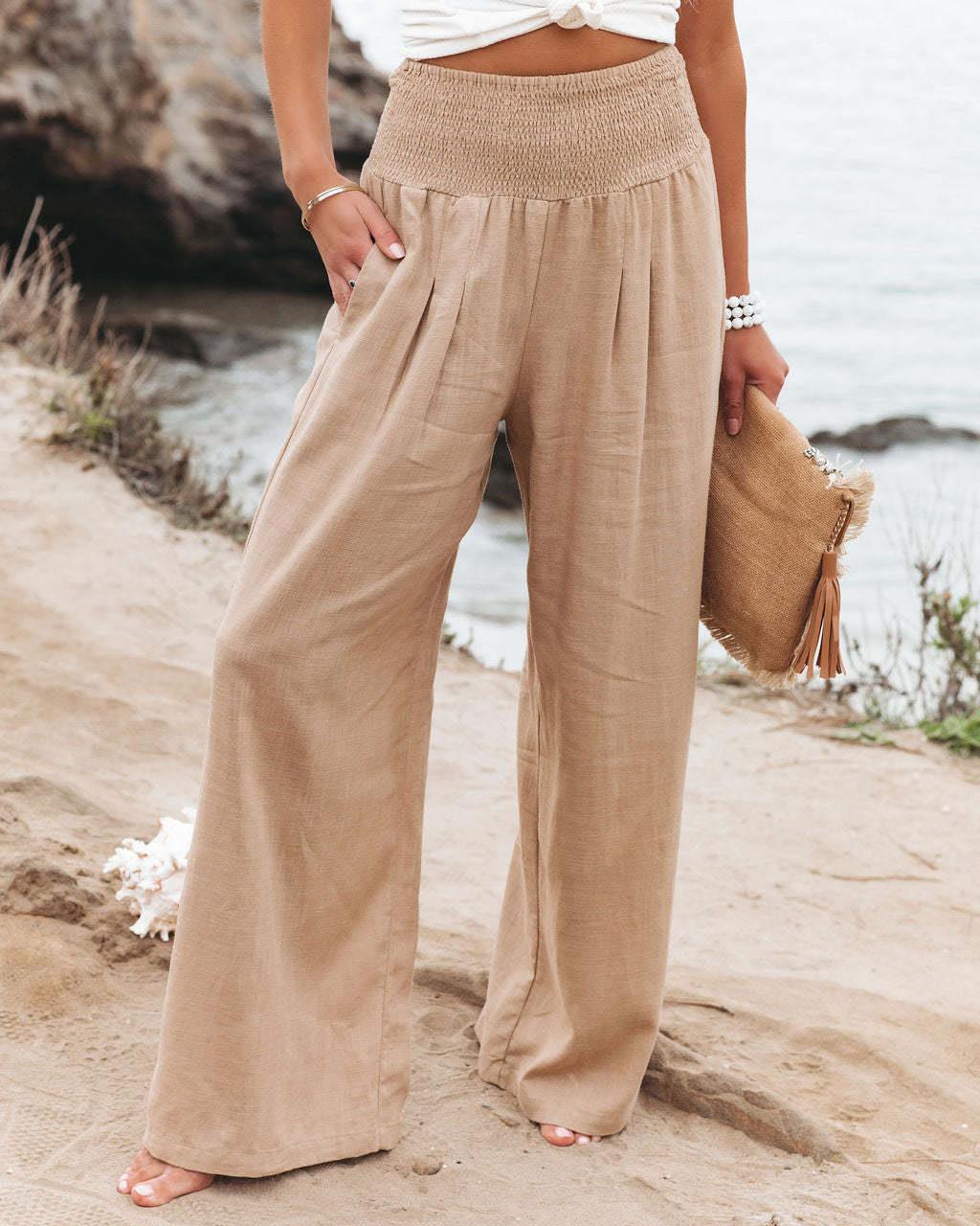 Women wide linen pants with elastic waistband and pleats Ivyshape