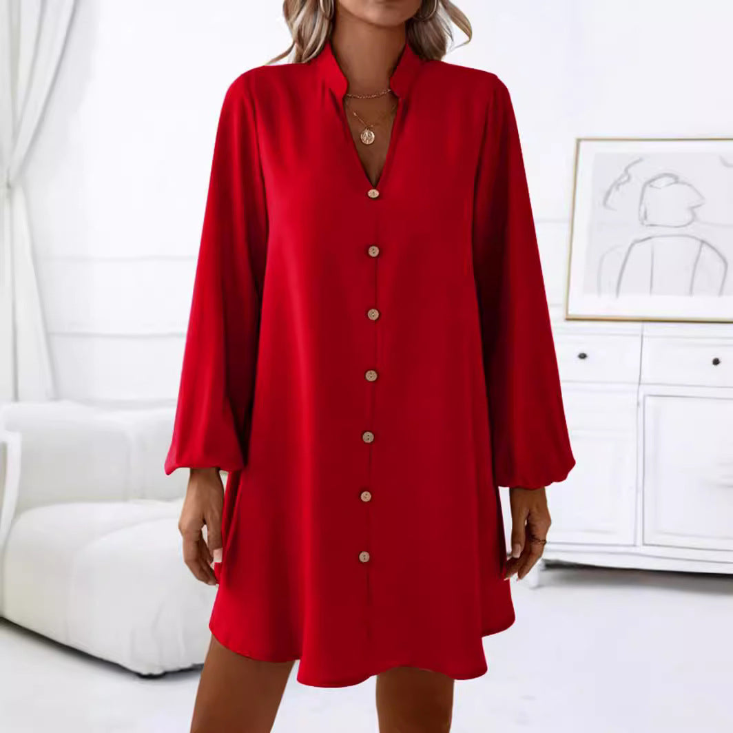 Women's short dress with button placket and elegant puff sleeves Ivyshape