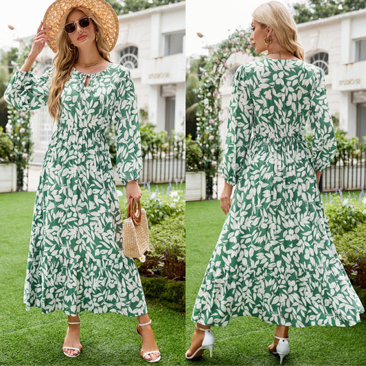 IvyShape | Printed Slimming Flared Mid-Length Long Sleeve Dress