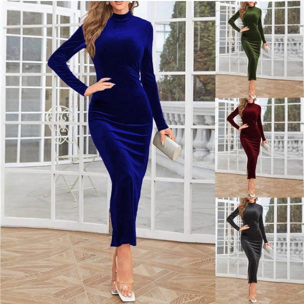 Women Elegant High Collar Velvet Maxi Dress Ivyshape