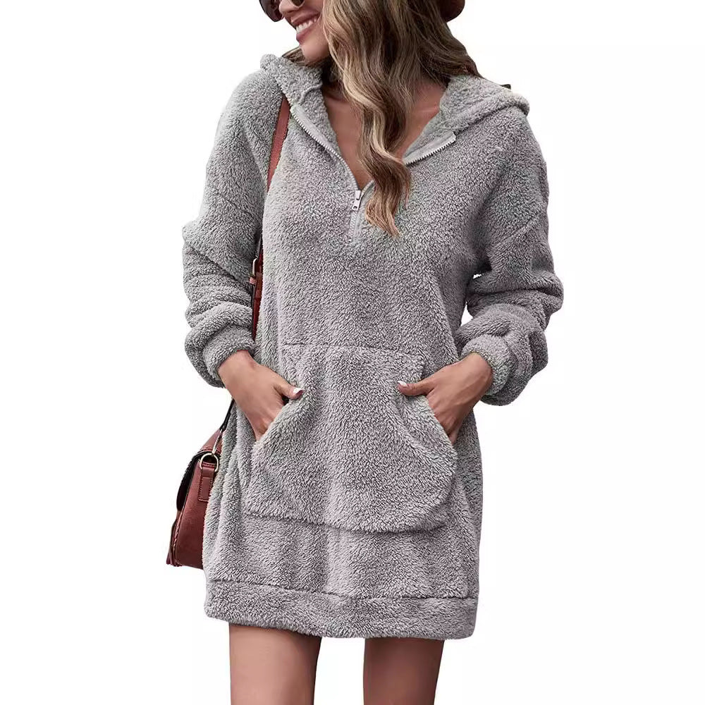 Women's fleece hooded dress with pockets and zipper Ivyshape