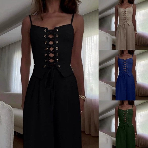 Women's jumpsuit with feminine lacing and wide-cut leg Ivyshape