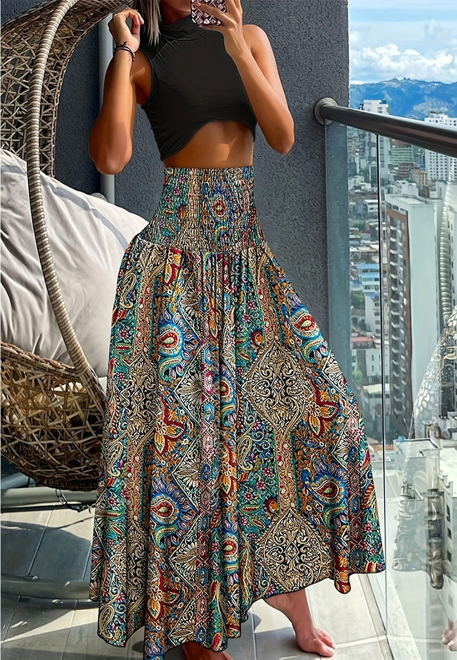 IvyShape | Printed Elastic Waist Large Swing A-Line Skirt