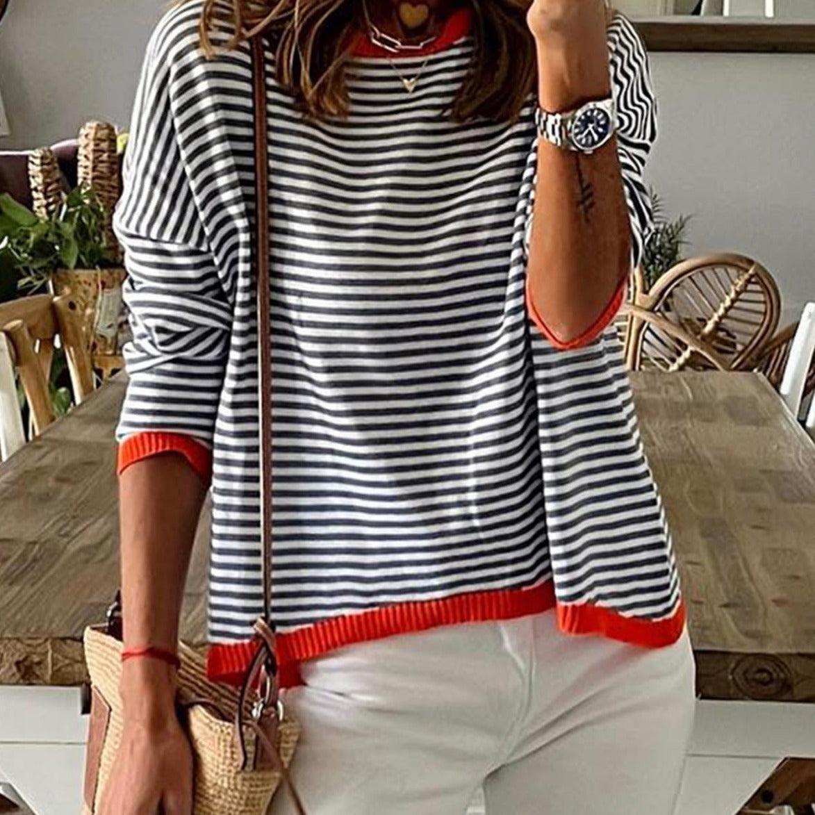 IvyShape | Trendy Striped Color-Blocking Dropped Shoulder Top