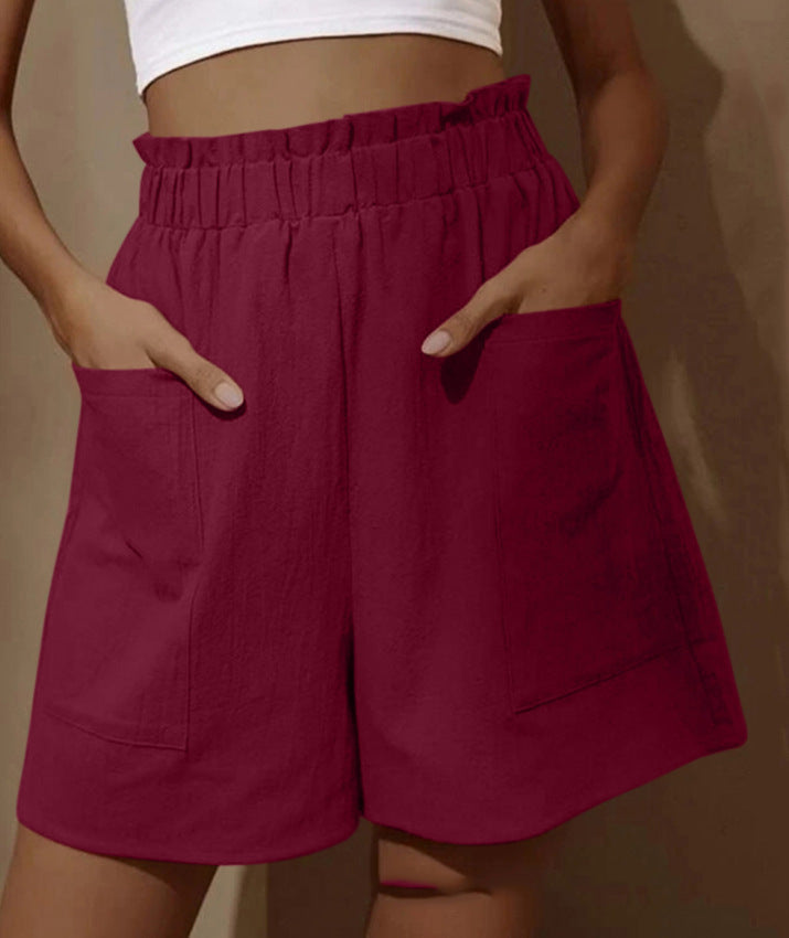 Women's casual linen shorts with elastic waist drawstring and practical side pockets Ivyshape