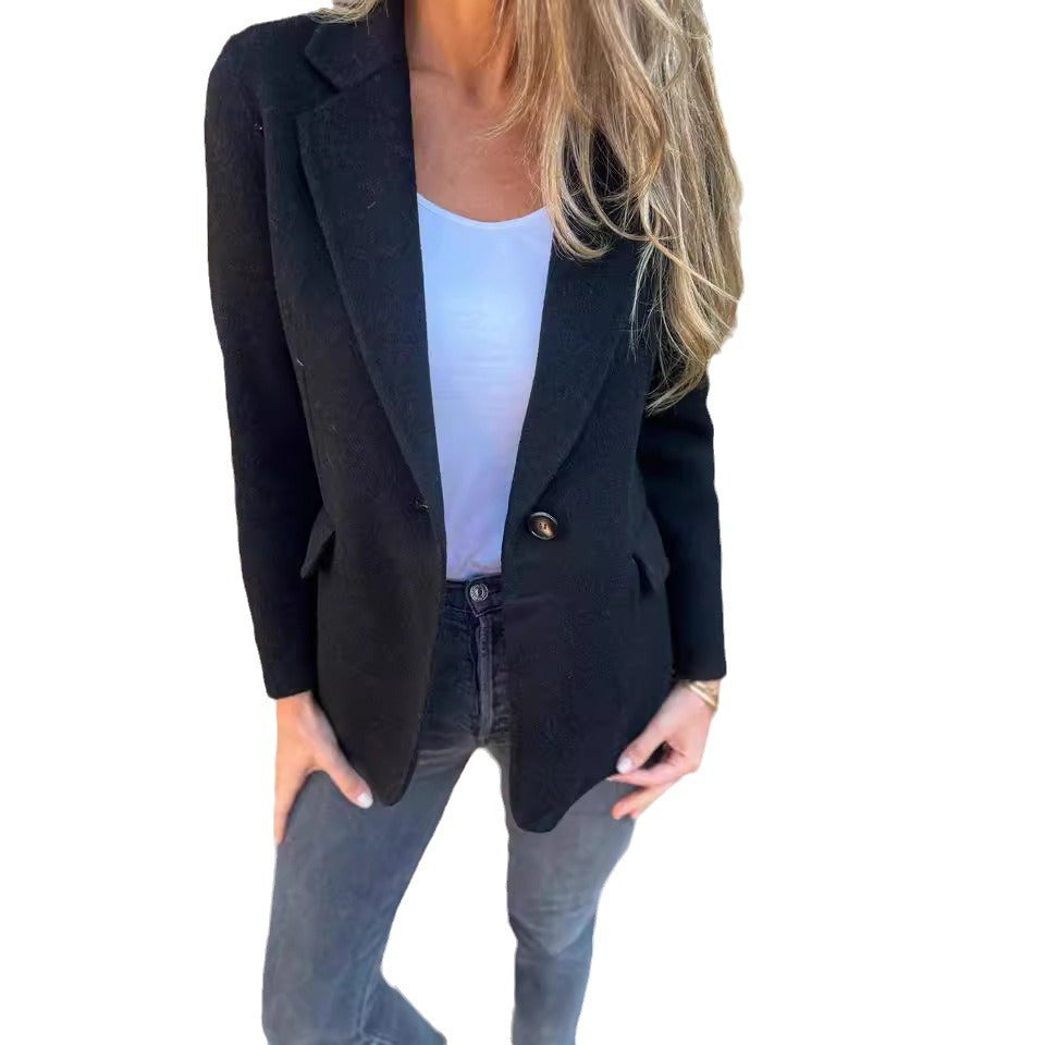 IvyShape | Casual Woolen Lapel Button Faux Pocket Suit Jacket