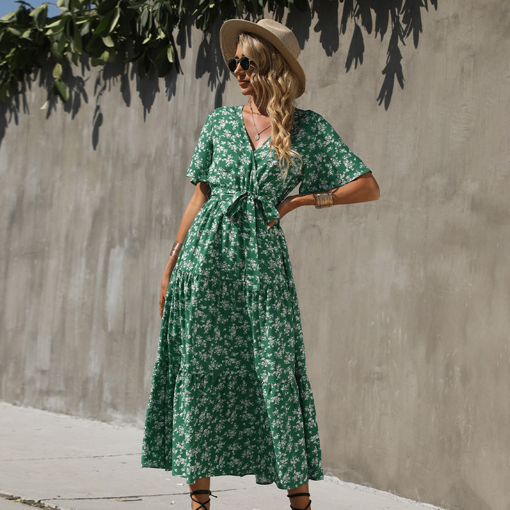 IvyShape | Bohemian Print Short Sleeve Maxi Dress