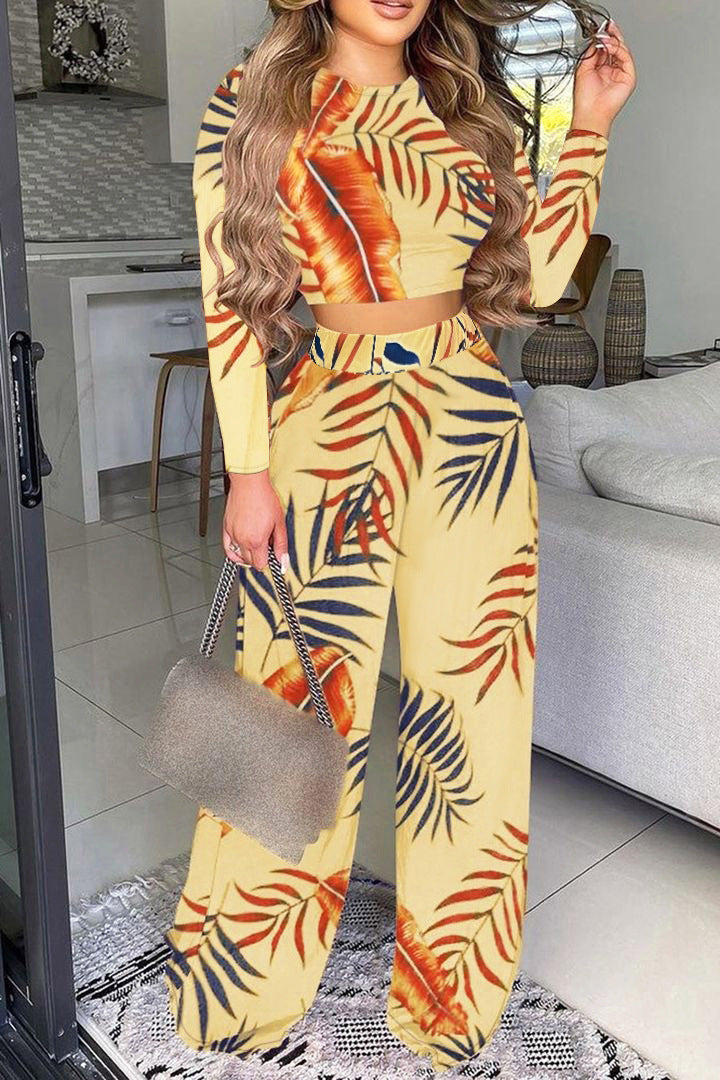 Women's Crop Top and Wide Palazzo Pants Set with Tropical Leaf Design Ivyshape