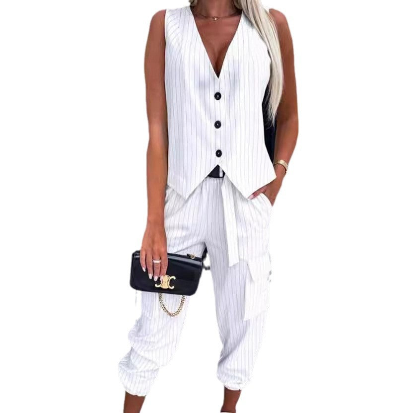 Women Elegant Two-Piece Set with Vest and Sporty Pants Ivyshape
