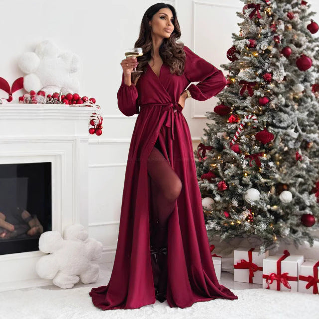 IvyShape | Long Sleeve Split V-Neck Big Hem Long Dress