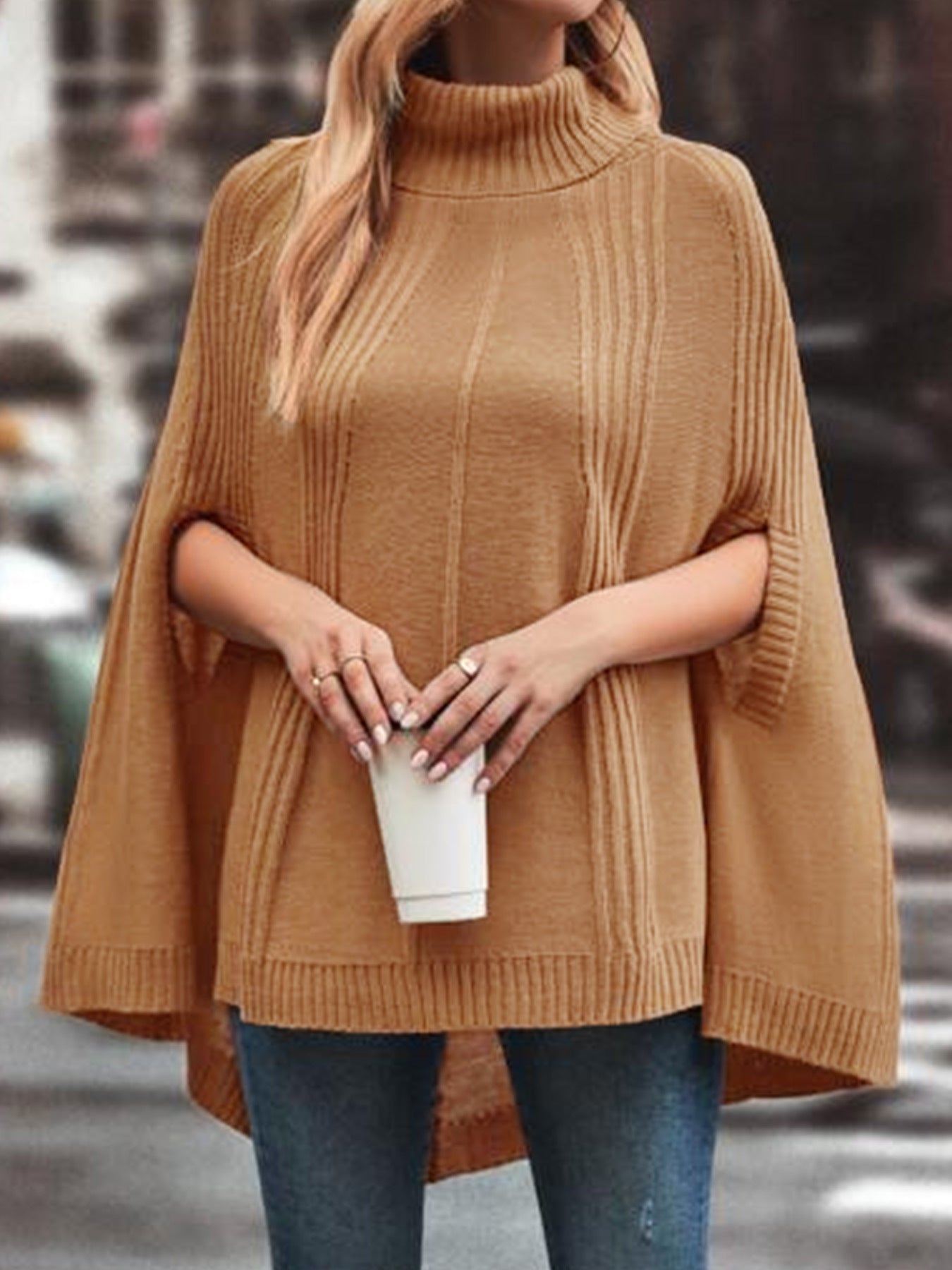 Women’s Knit Poncho with Roll Neck and Textured Design Ivyshape
