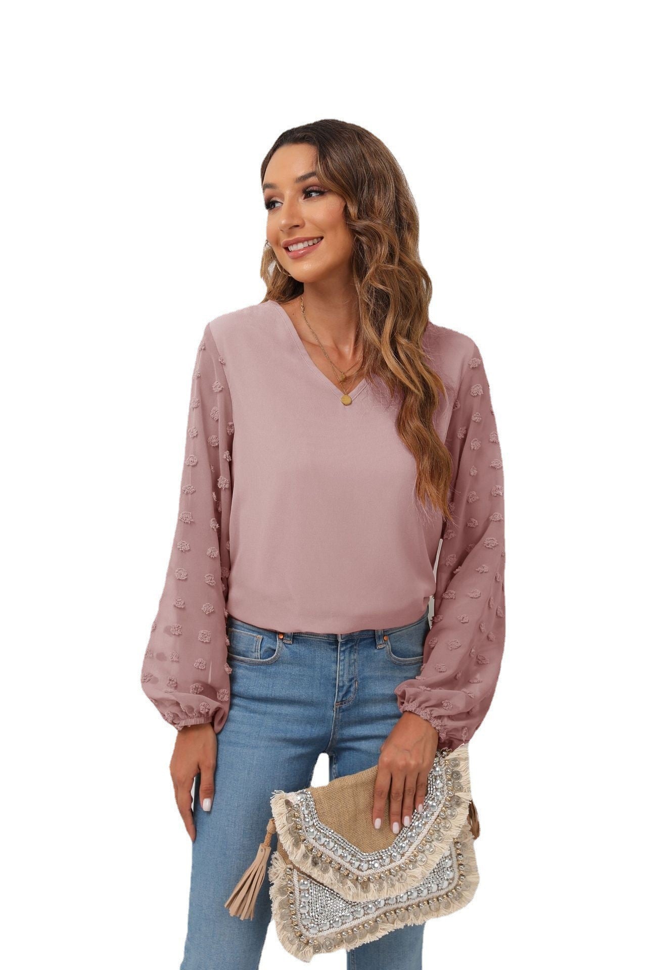 IvyShape | Chiffon Splicing Long Sleeve V-Neck Shirt Top