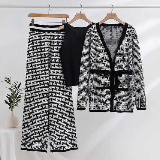 IvyShape | Jacquard Long Sleeve Coat and Pants Knit Set