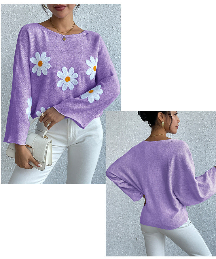 IvyShape | Floral Embroidery One-Shoulder Pullover Sweater