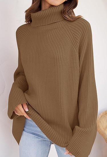 Women Cashmere Fine Knit Sweater with High Collar and Loose Fit Ivyshape