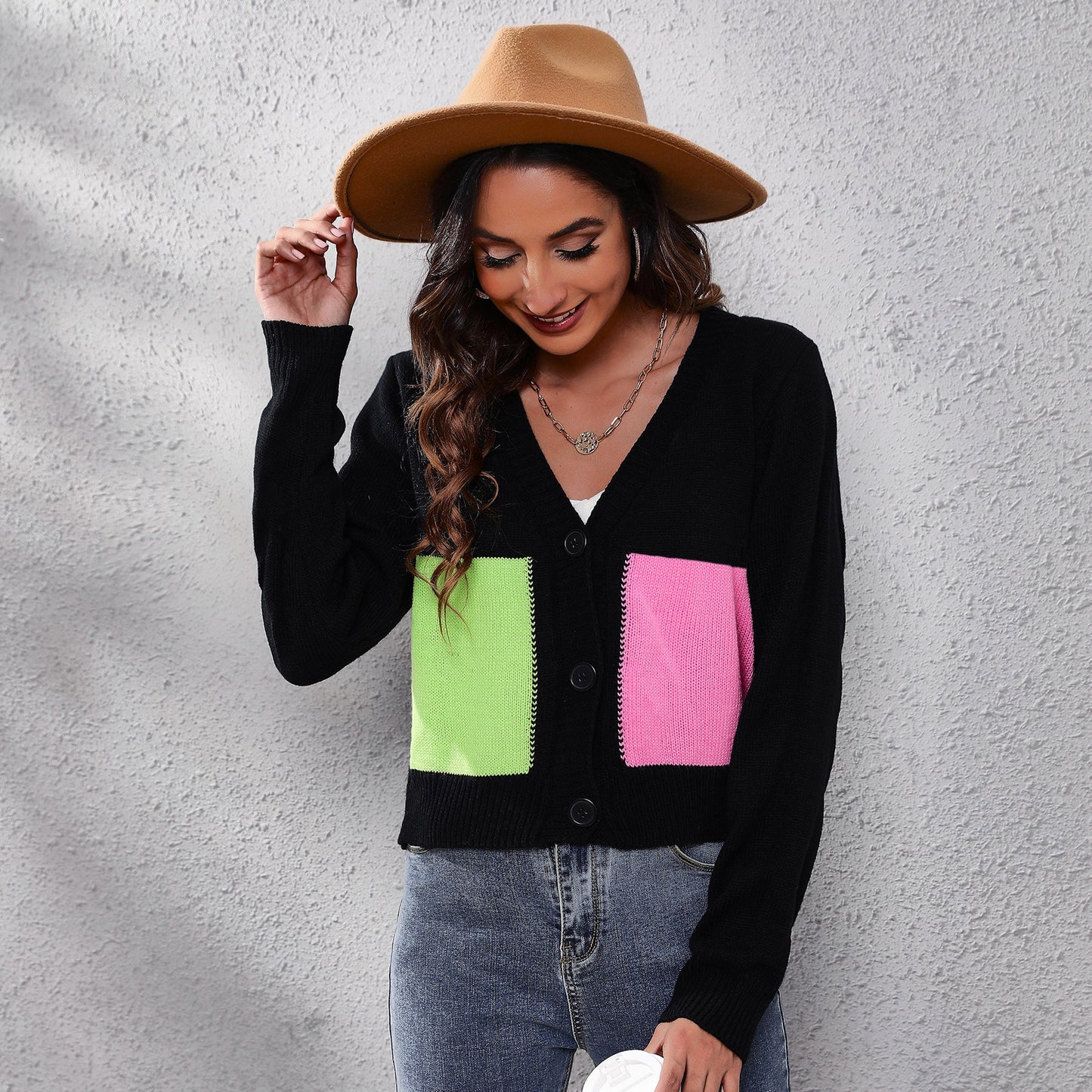 Ladies Fashion Cardigan with Colorful Pockets and Deep V-Neck Ivyshape