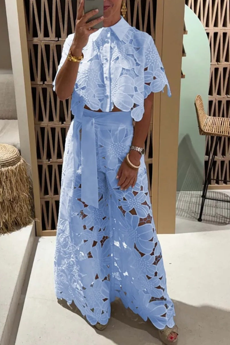 Women Elegant Summer Suit with Floral Lace Overlay Ivyshape