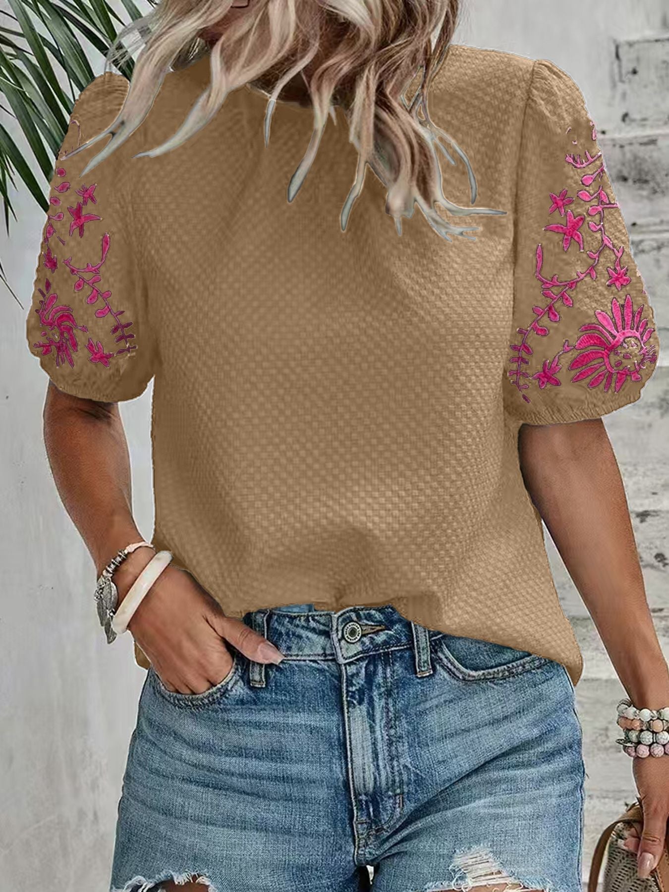 Women embroidered puff sleeve top Ivyshape