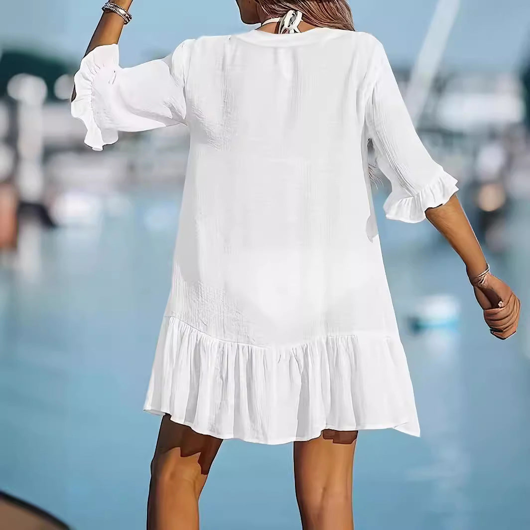 Ladies shirt dress with swaying flounce and elegant V-neck Ivyshape