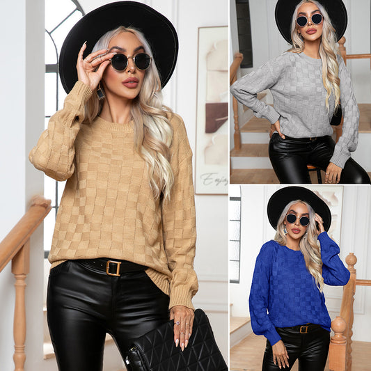 Women's casual knit sweater with check pattern and wide flared sleeves Ivyshape