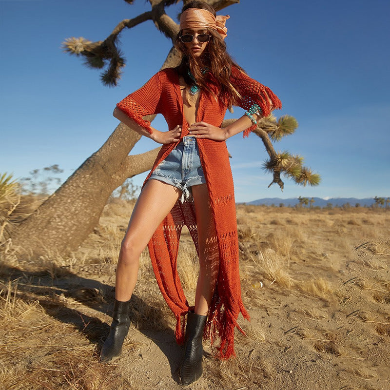 Women’s Crochet Beach Cover-Up Robe with Fringed Details Ivyshape