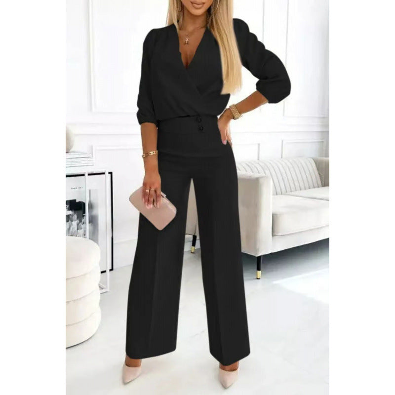 Ladies elegant jumpsuit with wrap top and wide leg Ivyshape