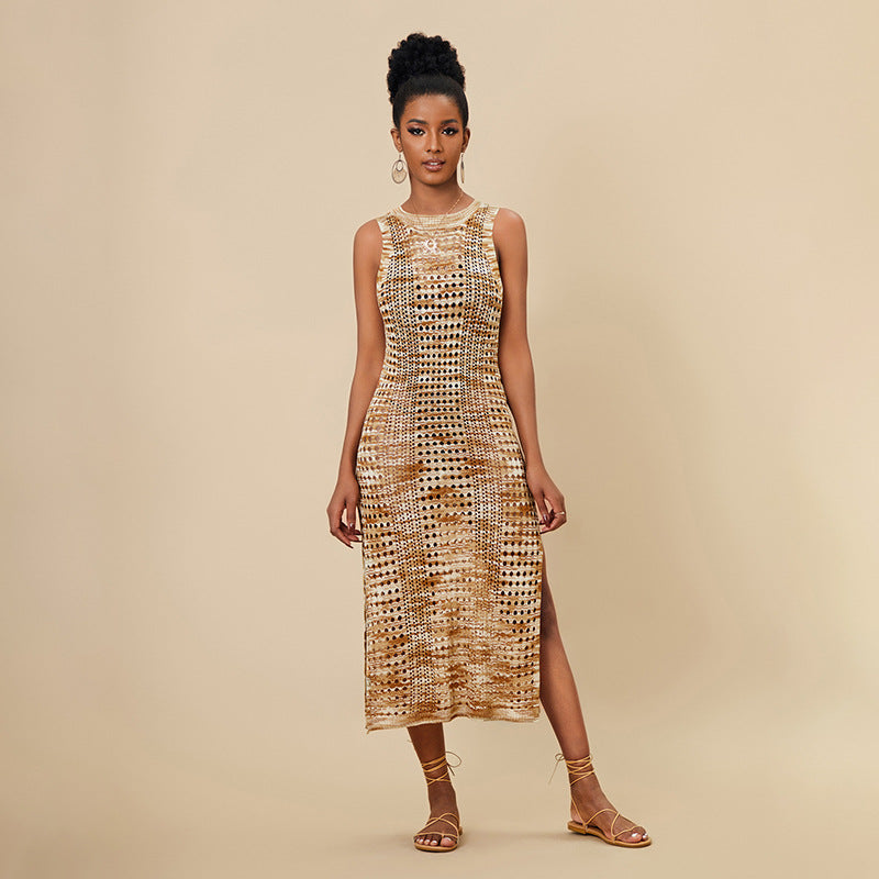 Ladies mesh maxi dress with side slit and modern design Ivyshape