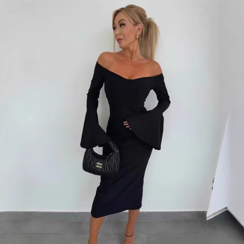 Ladies Elegant Long Sleeve Dress with Wide Sleeves and Slit Ivyshape