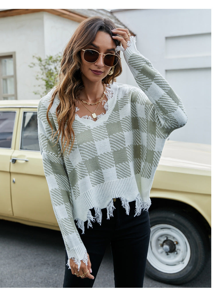 IvyShape | V-neck fringe sweater