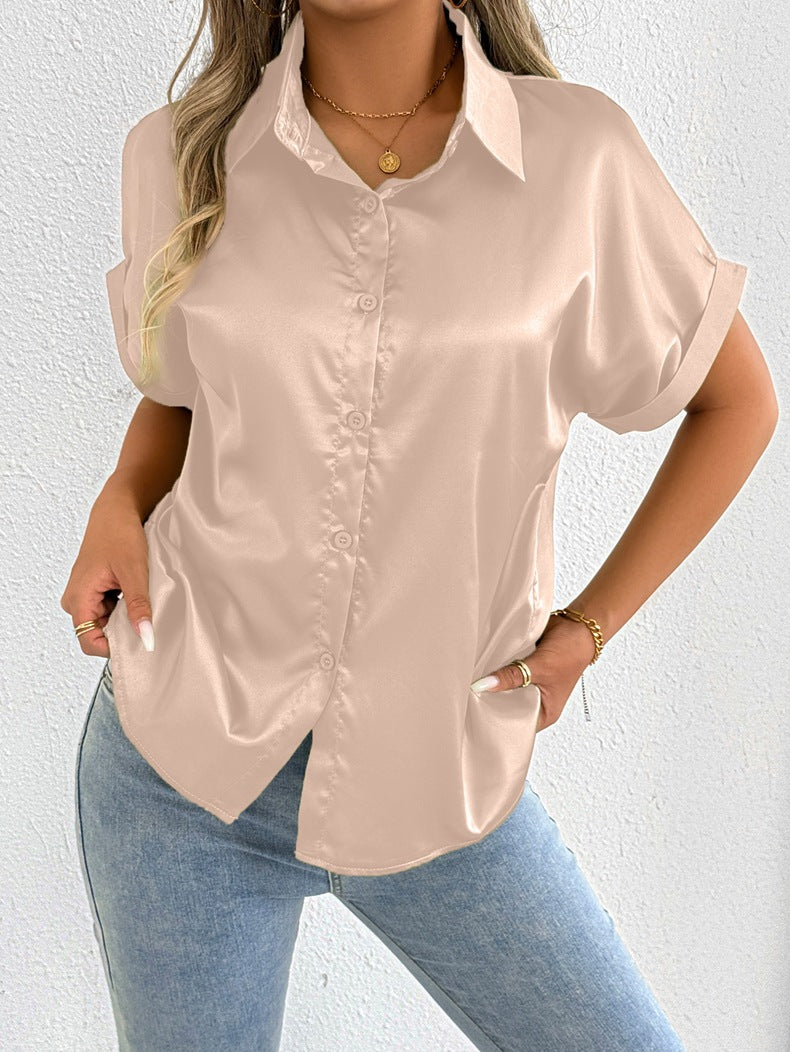 Women's short-sleeve blouse made of high-quality satin with folded collar and button placket Ivyshape