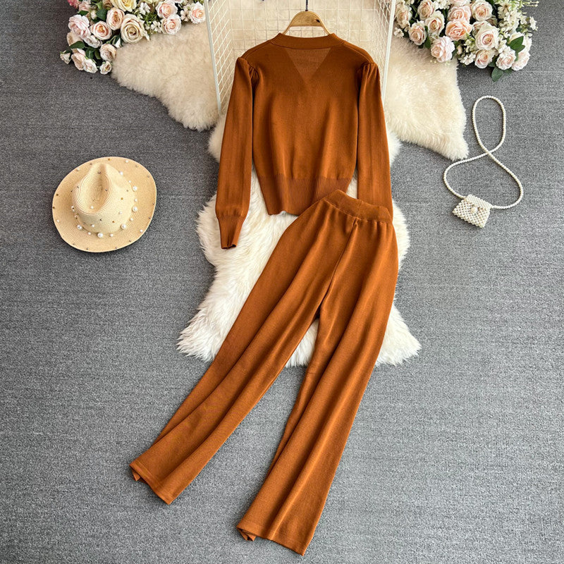 Women's knitted jumpsuit with wide leg and button placket Ivyshape