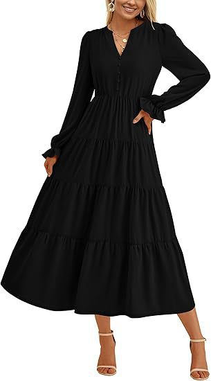 Women's maxi dress with button-decorated front and voluminous sleeves Ivyshape