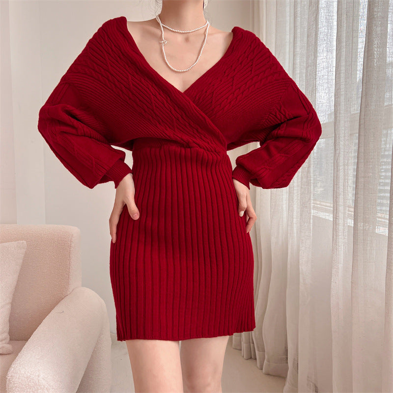 Ladies Elegant Knit Dress with V-Neck and Special Rib Pattern Ivyshape