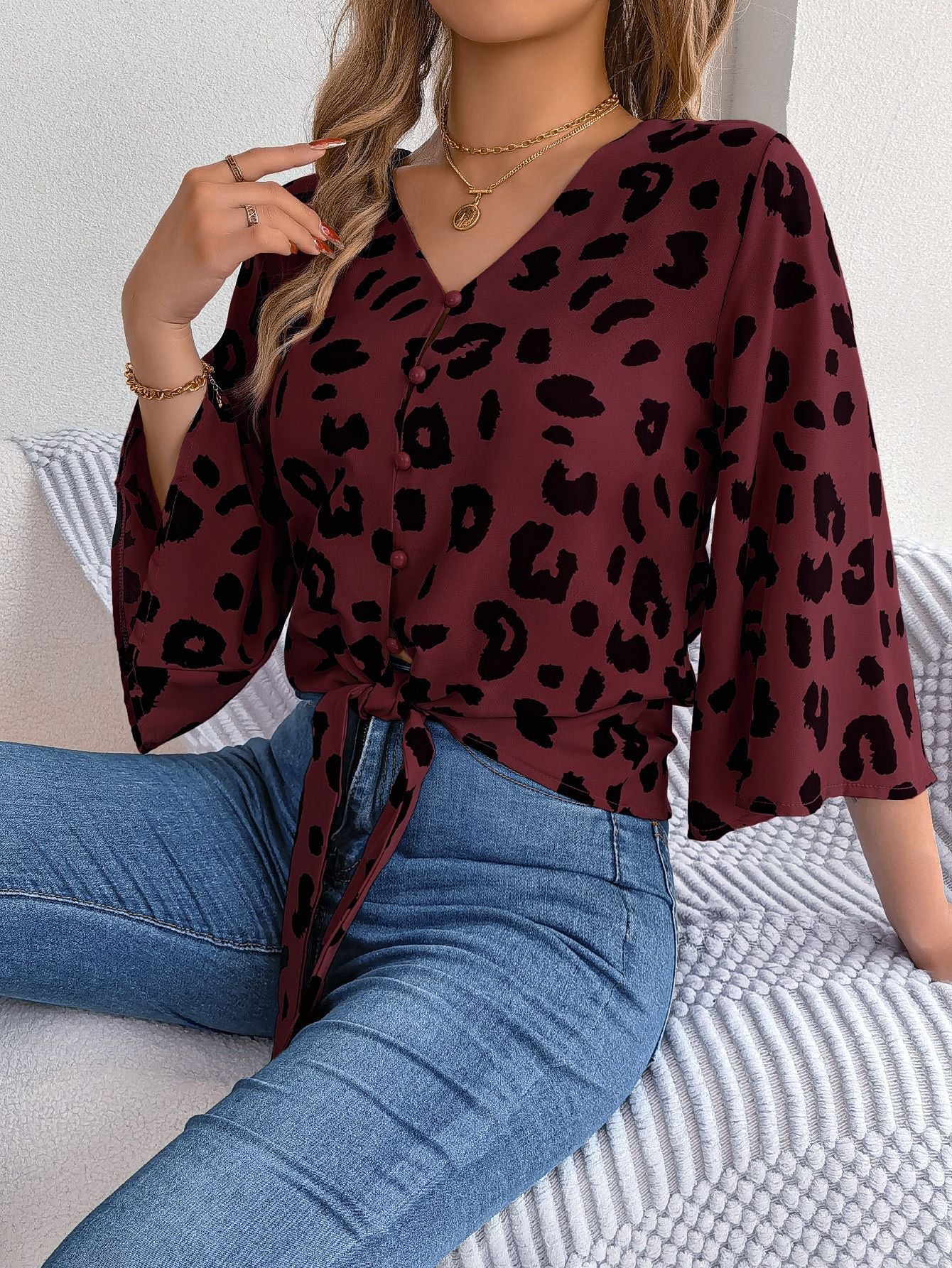 IvyShape | Leopard Print Tied Chiffon Shirt Top