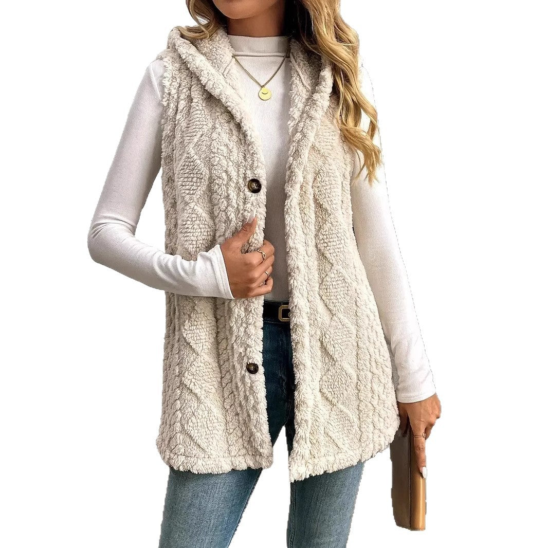 Women's hooded vest made of cozy material with button placket Ivyshape