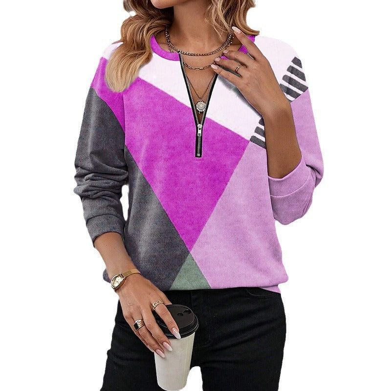 Women Sporty Sweatshirt with Half Zipper and Trendy Contrast Design Ivyshape