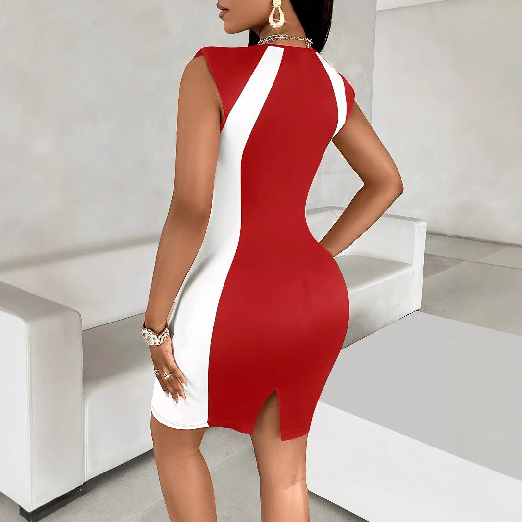 Women fitted cocktail dress with contrasting inserts Ivyshape