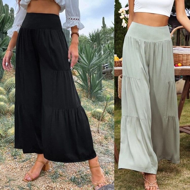 Women's wide-cut summer palazzo pants with high waist and pleated details Ivyshape