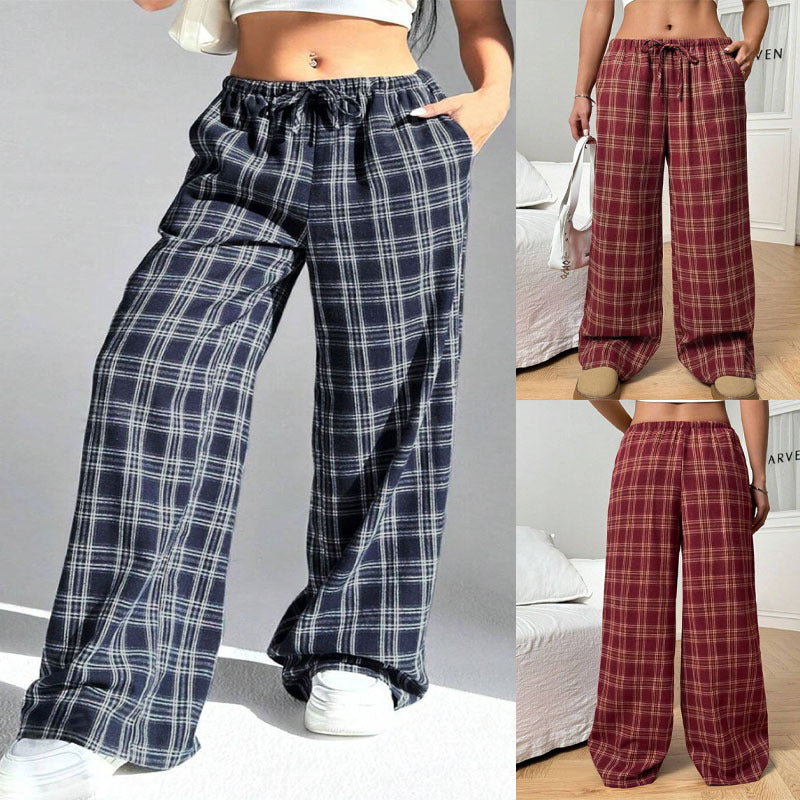 Women Wide Check Trousers with Elastic Waistband and Practical Pockets Ivyshape