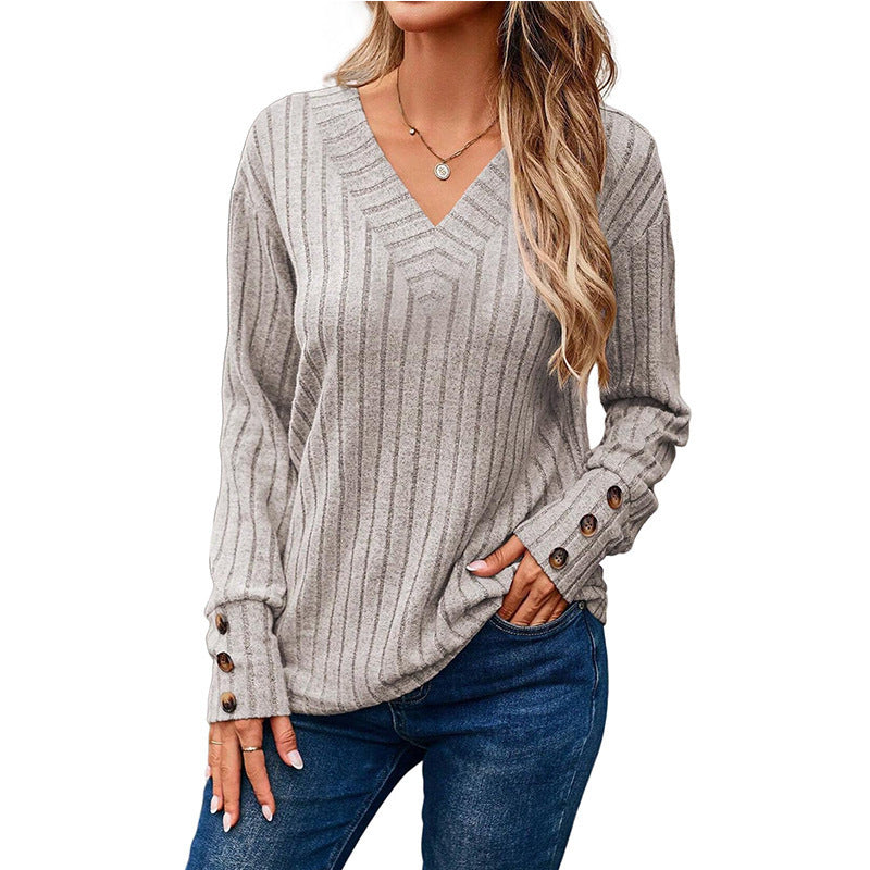 Women Elegant V-neck Knit Top with Button Details Ivyshape
